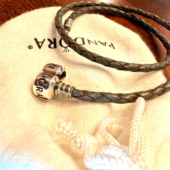Pandora Gray Leather Braided Double-Wrap Bracelet - Picture 6 of 11